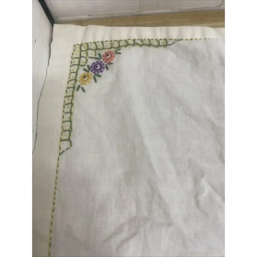 Vintage Hand Embroidered Cotton Linen Tablecloth European 32” Square
